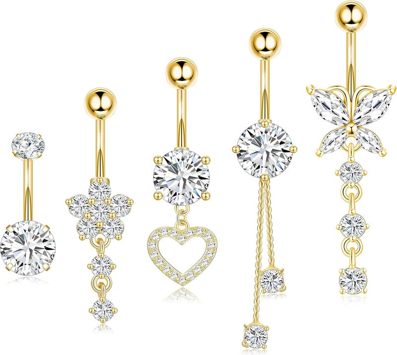 Leocuci Store Surgical Stainless Steel Dangle Belly Button Rings for Women Belly Ring Dangling Piercing Jewelry with Heart Flower Butterfly14G - Image 1